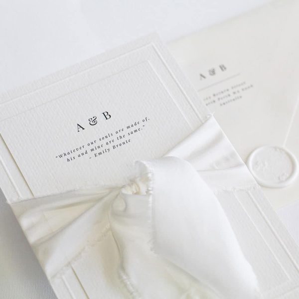 Classic Romance Wedding Invitation suite with classic design on felt white card and white silk ribbon bow with wax seal