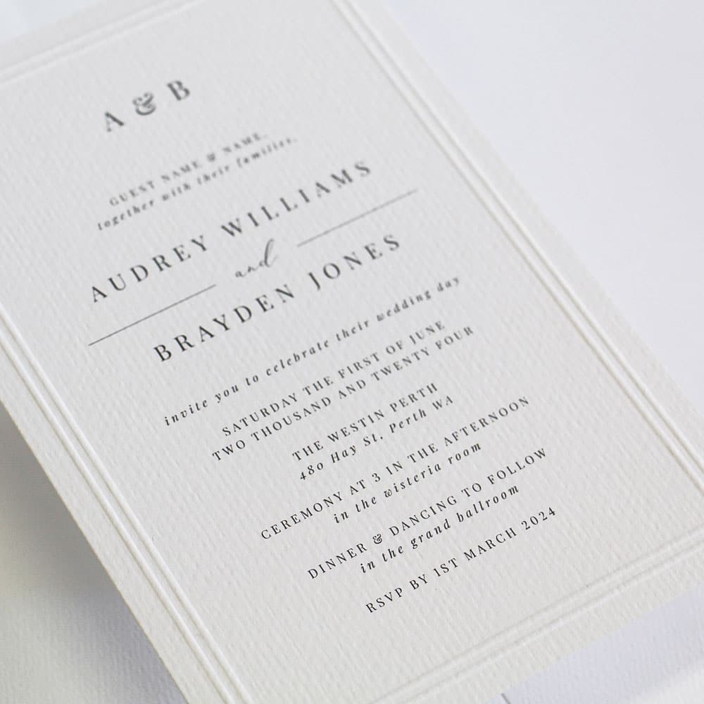Classic Romance Wedding Invitation suite with classic design on felt white card