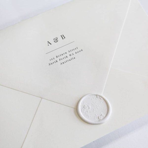 Classic Romance wedding invitation suite envelope with return address printing and wax seal
