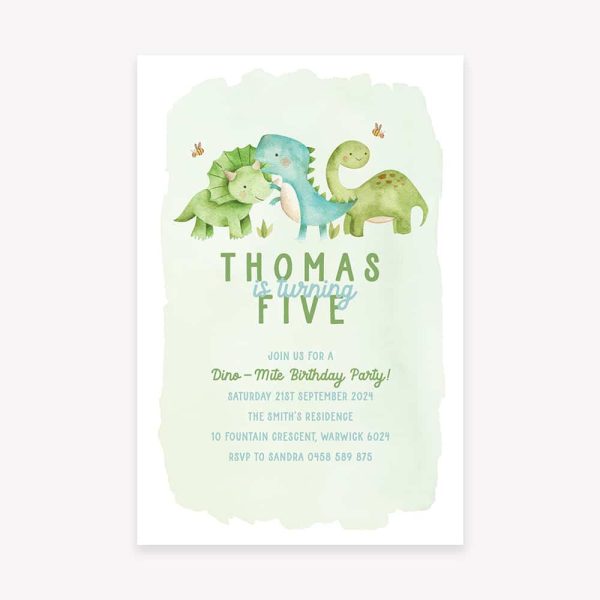 Kids birthday party invitation cute dinosaurs in blue and green