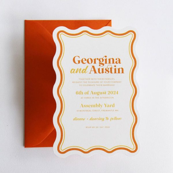 Electric Citrus Wedding Invitation with white background, orange text, orange retro wave border