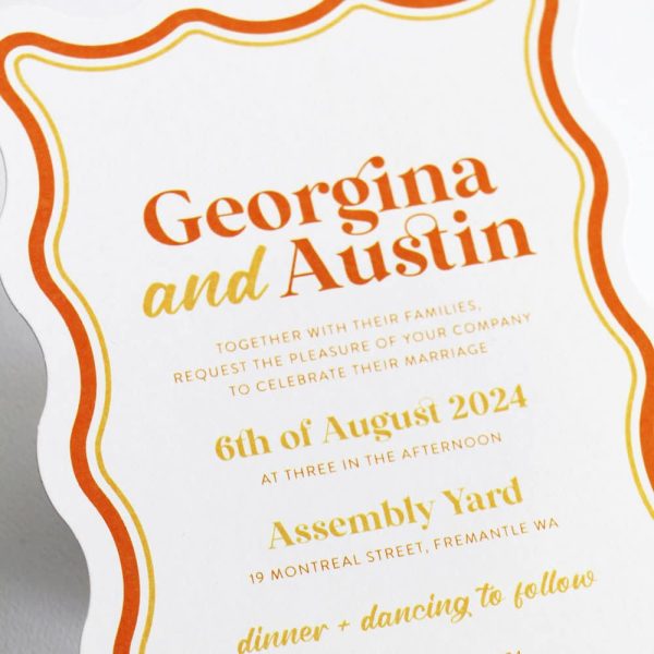 Electric Citrus Wedding Invitation with white background, orange text, orange retro wave border