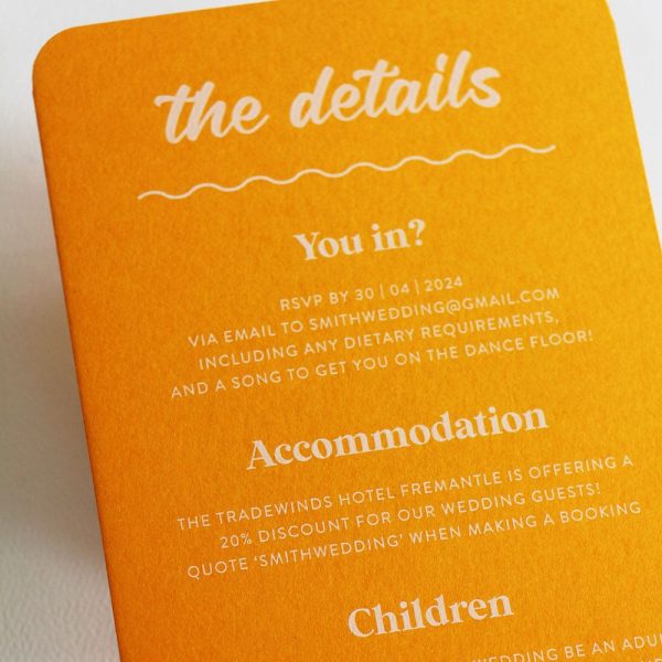 Electric Citrus Wedding Invitation suite with bright citrus yellow details card