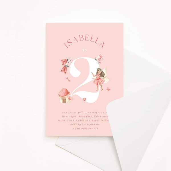 Kids birthday party invitation with pink background and soft fairies and flowers