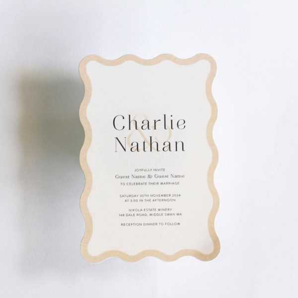 Flowing Almond Edges wedding invitation with wave shape invitation with white background and almond border