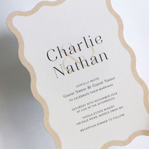 Flowing Almond Edges wedding invitation with wave shape invitation with white background and almond border