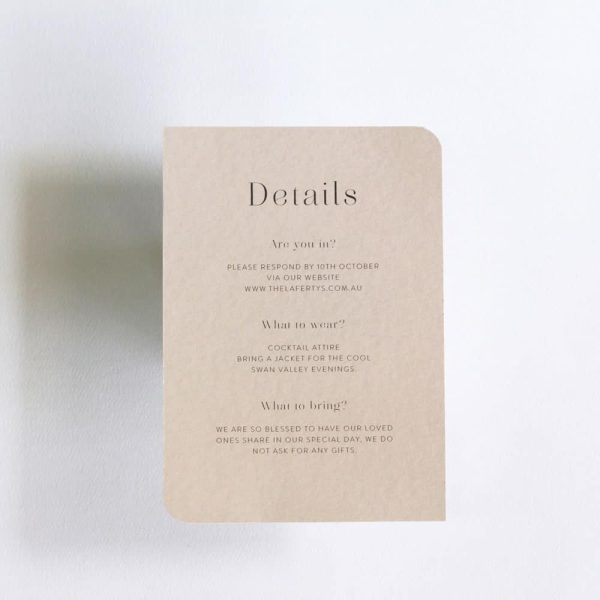 Flowing Almond Edges wedding invitation suite with almond details card