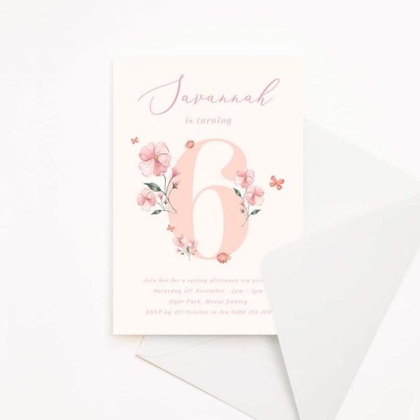 Kids birthday party invitation with soft pink flowers and cream background