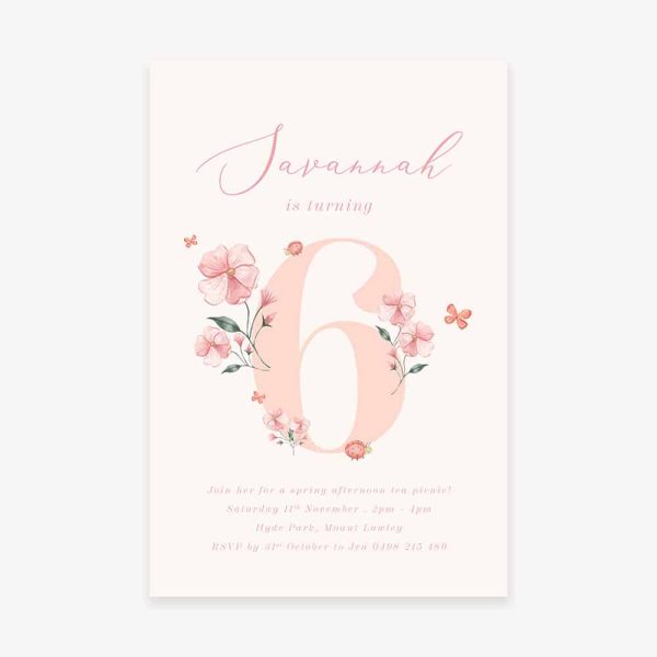 Kids birthday party invitation with soft pink flowers and cream background