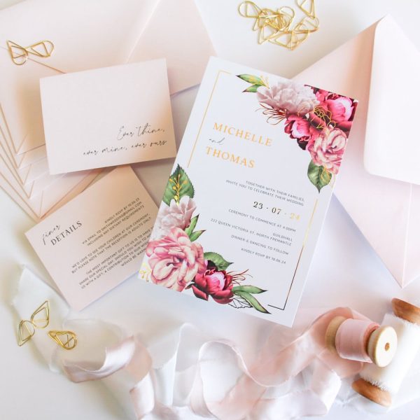 Pastel Gold Blooms Wedding Invitation Suite with gold foil