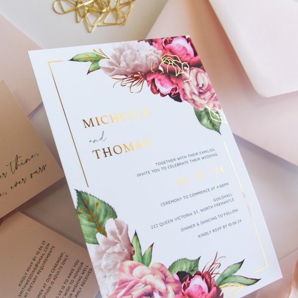 Pastel Gold Blooms Wedding Invitation Suite with gold foil