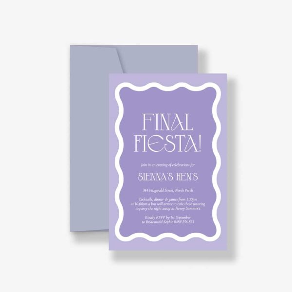Last Fiesta Bachelorette Hens Party purple with lilac envelope