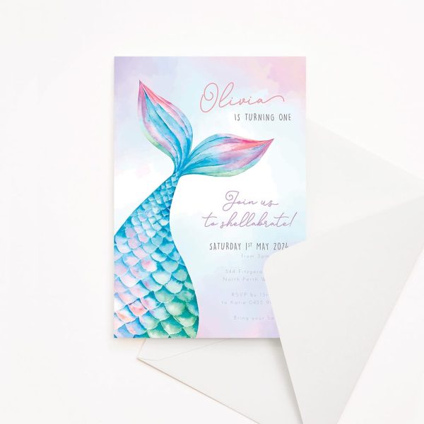 Kids birthday invitations with mermaid tail