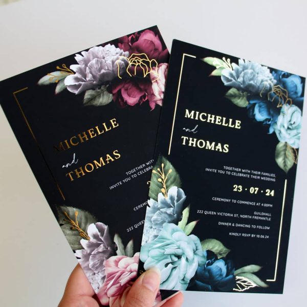 Moody Gold Blooms Wedding Invitation suite with gold foil in blue or pink variations