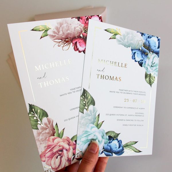 Pastel Gold Blooms Wedding Invitation Suite in blue or pink variations with gold foil