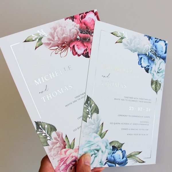 Pastel Silver Blooms Wedding Invitation Suite Variations in blue or pink with silver foil