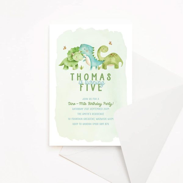 Kids birthday invitations cute dinosaurs in blue and green