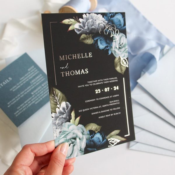 Blue Silver Moody Blooms Wedding Invitation Suite with silver foil
