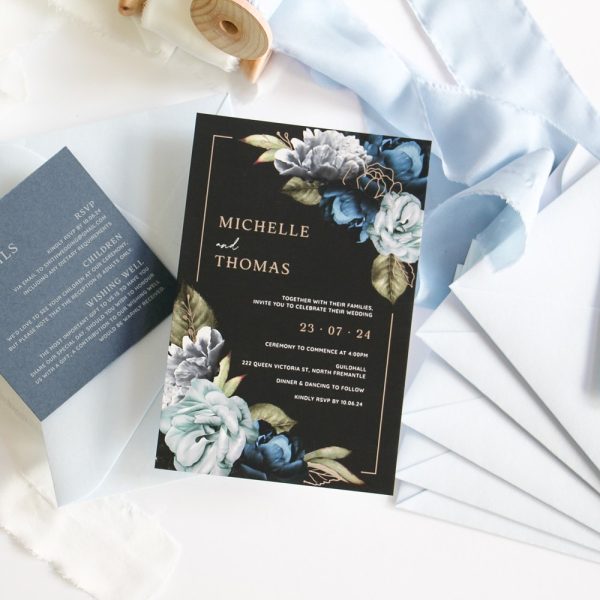 Blue Silver Moody Blooms Wedding Invitation Suite with silver foil