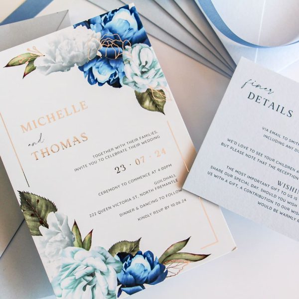 Silver Pastel Blue Blooms with silver foil and blue florals