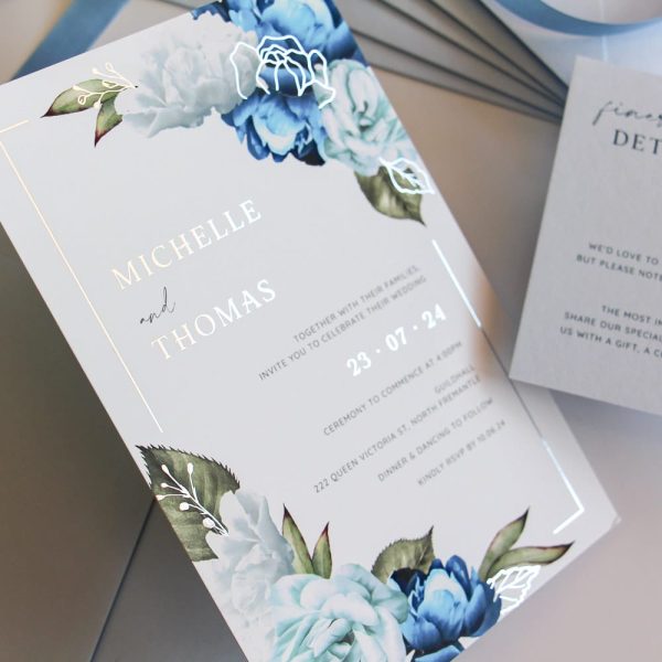 Silver Pastel Blue Blooms with silver foil and blue florals