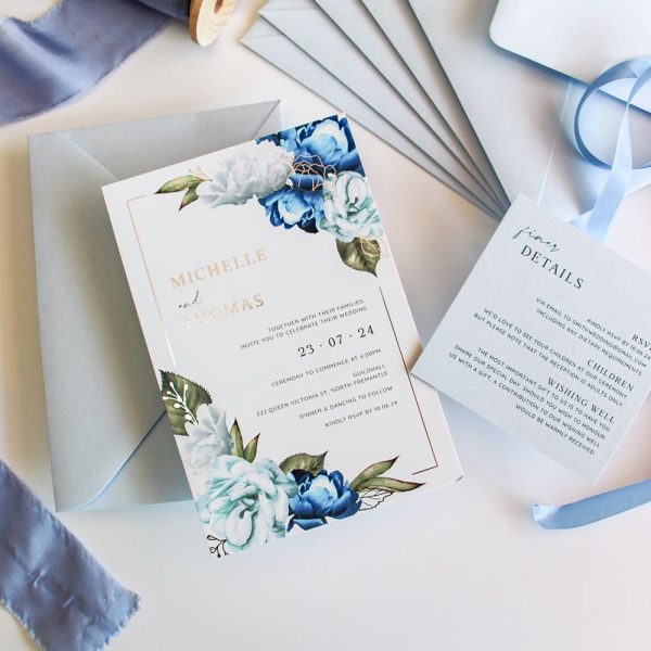 Silver Pastel Blue Blooms with silver foil and blue florals