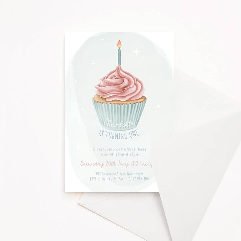 Kids birthday Invitations with cupcake watercolour image