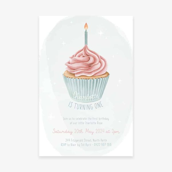 Kids birthday Invitation with cupcake watercolour image