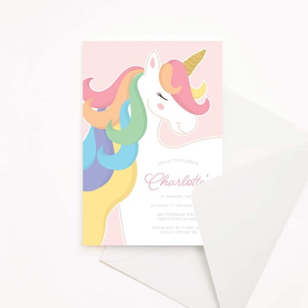Kids birthday party invitation with colourful rainbow unicorn