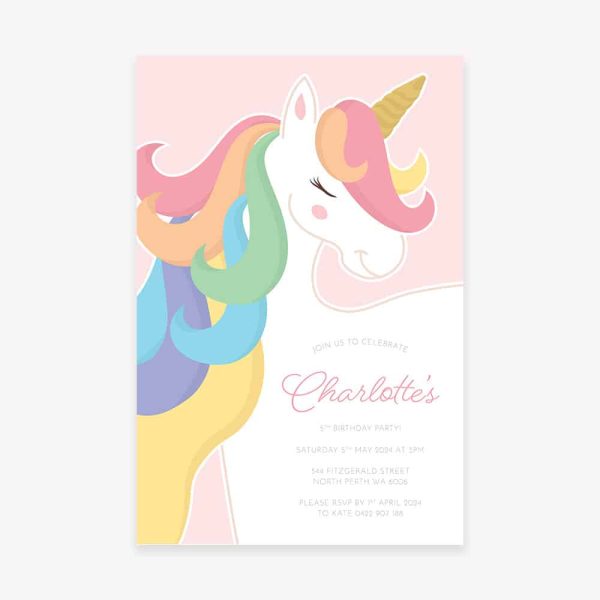 Kids birthday party invitation with colourful rainbow unicorn