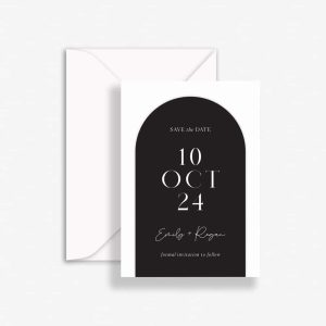 Elegant Archways Save The Date with black arch, white text and C6 envelope