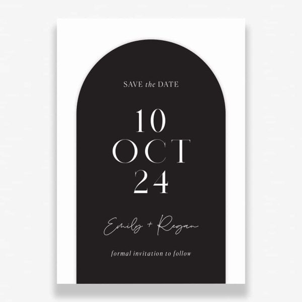 Elegant Archways Wedding Save The Date with black arch, white text