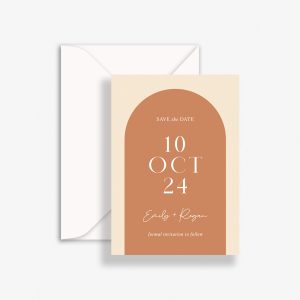 Elegant Archways Save The Date with rust orange arch, white text and C6 envelope