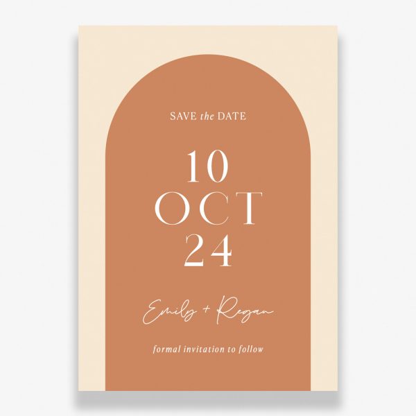 Elegant Archways Save The Date with rust orange arch, white text