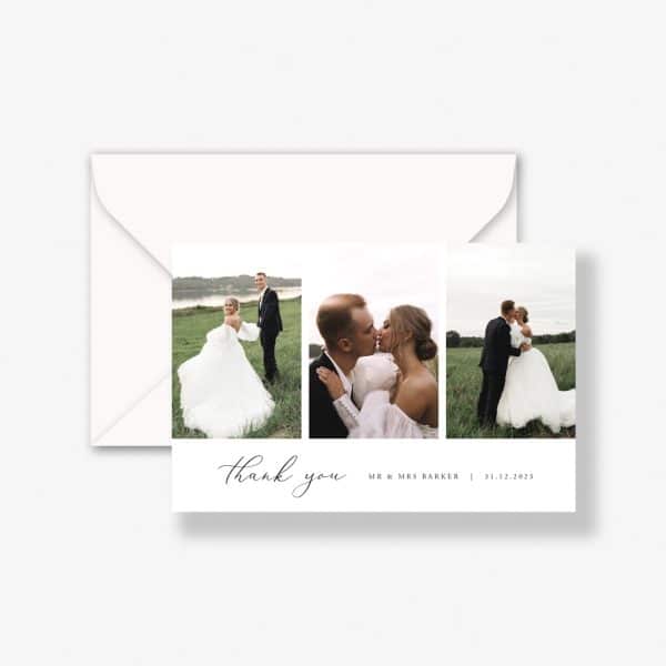 Enchanting Wedding Thank You Cards with happy couple and envelope