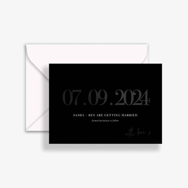 Glossy Noir Wedding Save The Date with clear ink