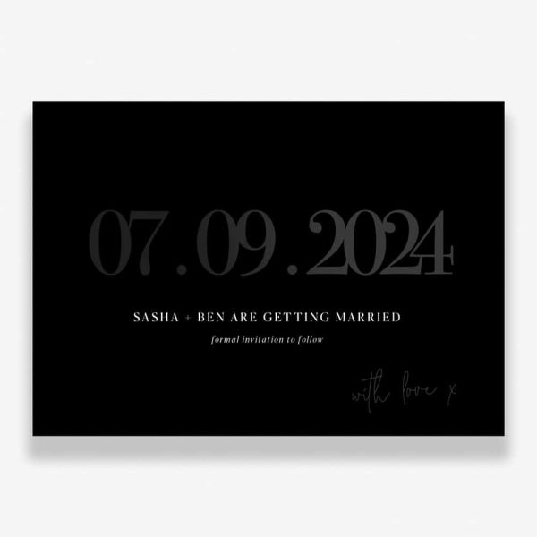 Glossy Noir Wedding Save The Date with clear ink