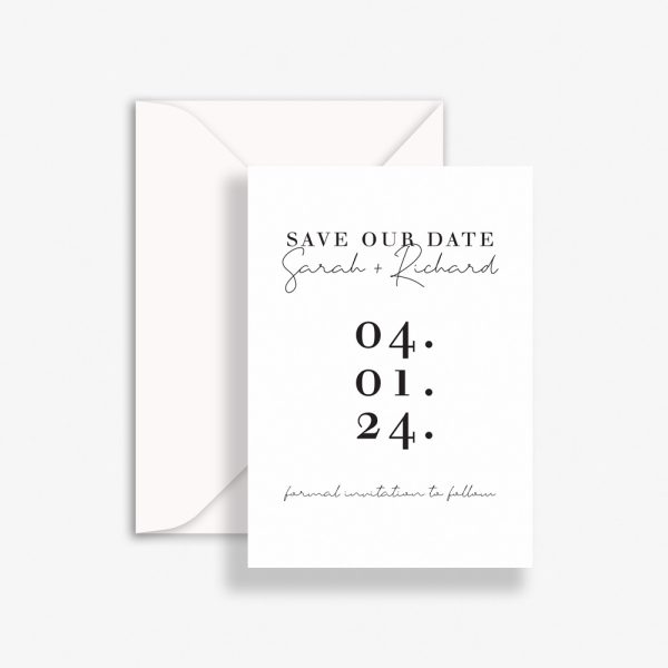 Minimalist Script Wedding Save The Date with white background, black text and C6 envelope