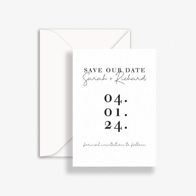Minimalist Script Wedding Save The Date with white background, black text and C6 envelope