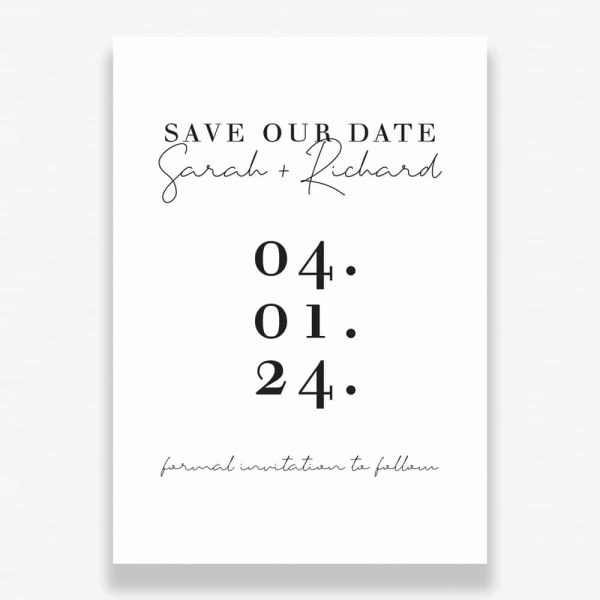 Minimalist Script Wedding Save The Date with white background, black text