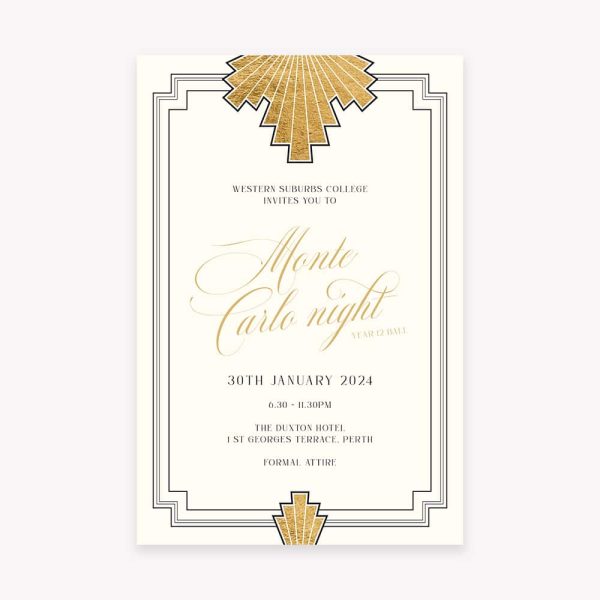 Monte Carlo school ball, formal, prom invitation