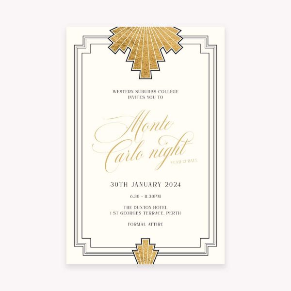 Monte Carlo school ball, formal, prom invitation