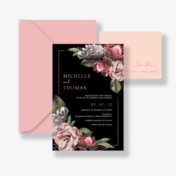 Moody Blooms Wedding Invitation with Rose Gold Foil
