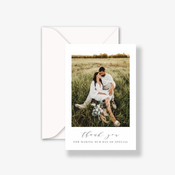 Natural Frame Wedding Thank You Card with happy married couple in a field and envelope