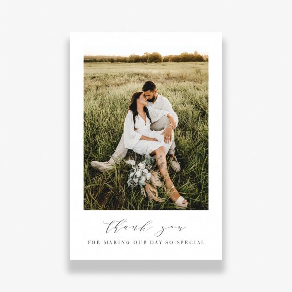 Natural Frame Wedding Thank You Card with happy married couple in a field