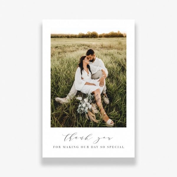 Natural Frame Wedding Thank You Cards with happy married couple in a field