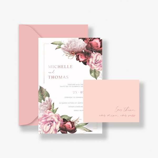 Pastel Blooms Rose Gold Wedding Invitation Suite with rose gold foil