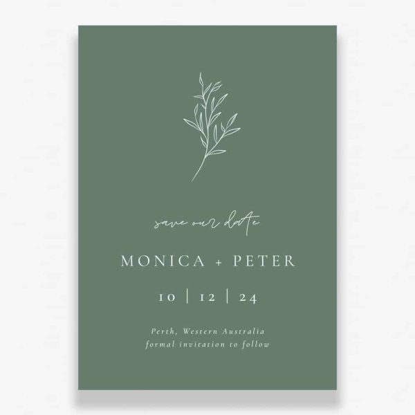 Serenity In Green Wedding Save The Date with sage green background, white text