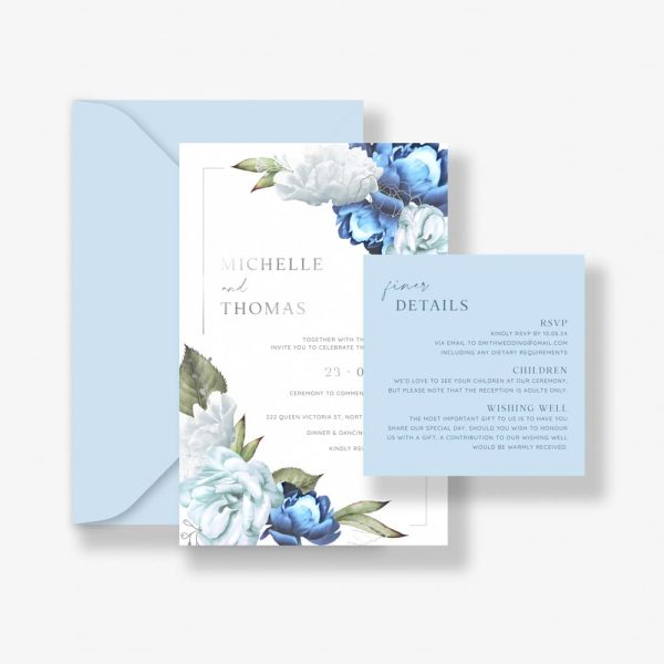 Silver Pastel blooms Wedding Invitation Suite with Blue florals and silver foil