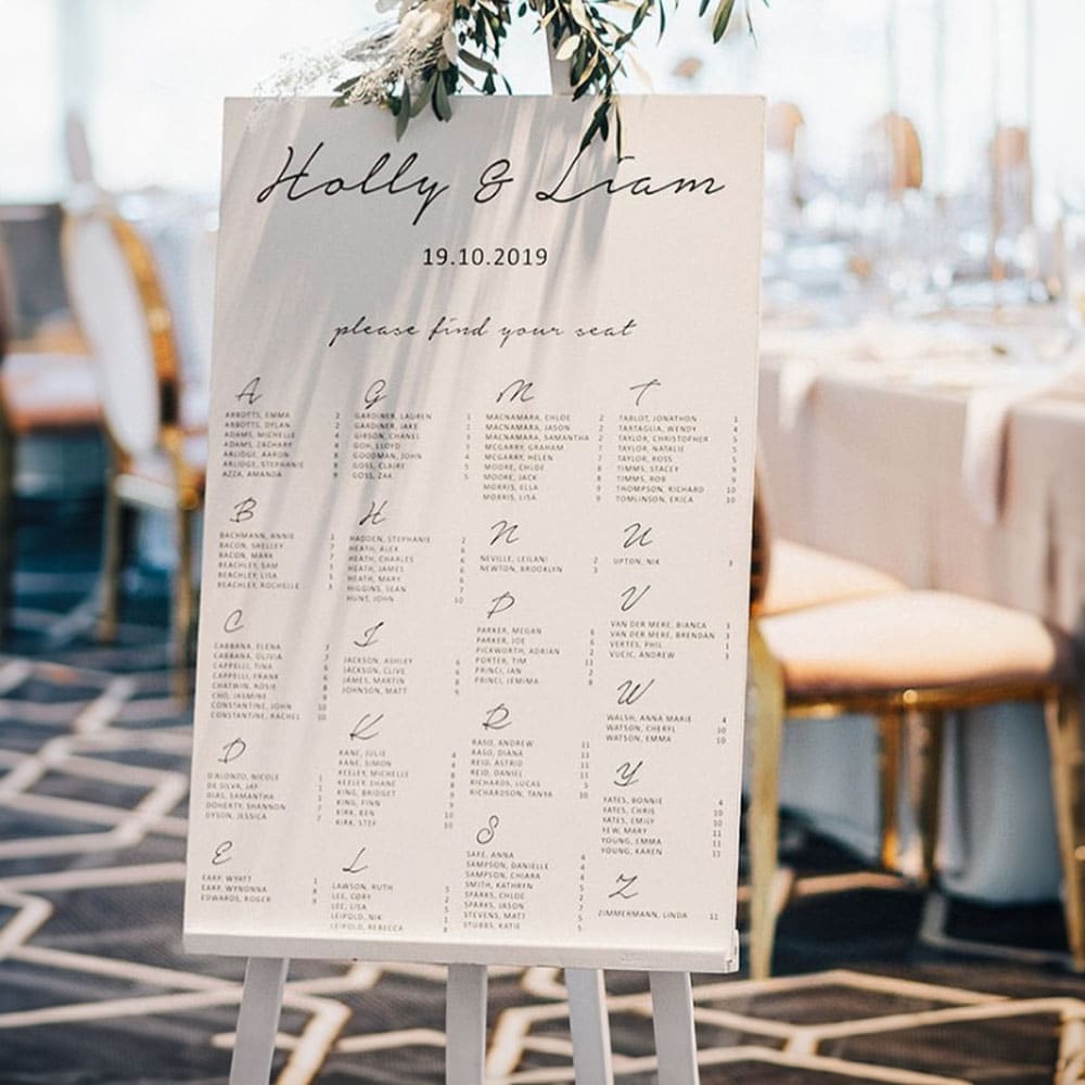 Wedding seating plan sitting on an easel